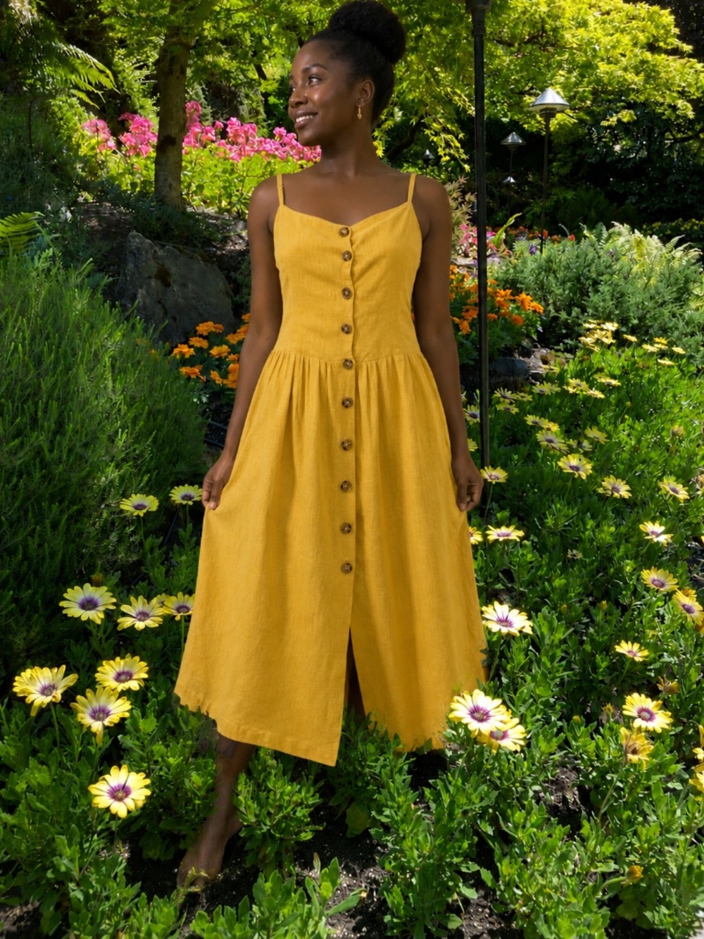 Yellow Linen Urban Outfitters Mid-Calf Length Drop-Waist Dress, Size S